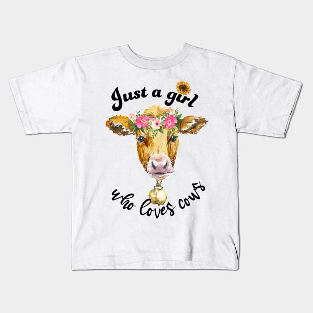 Just a girl who loves cows cute cow watercolor art Kids T-Shirt by AdrianaHolmesArt